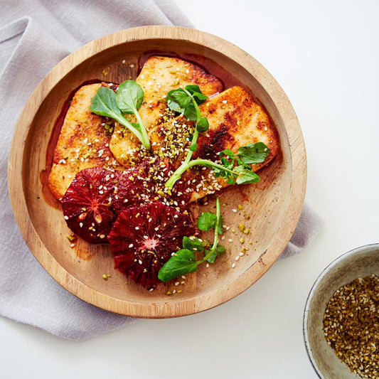 Honey Seared Halloumi With Blood Orange, Watercress & Pistachio Dukkha